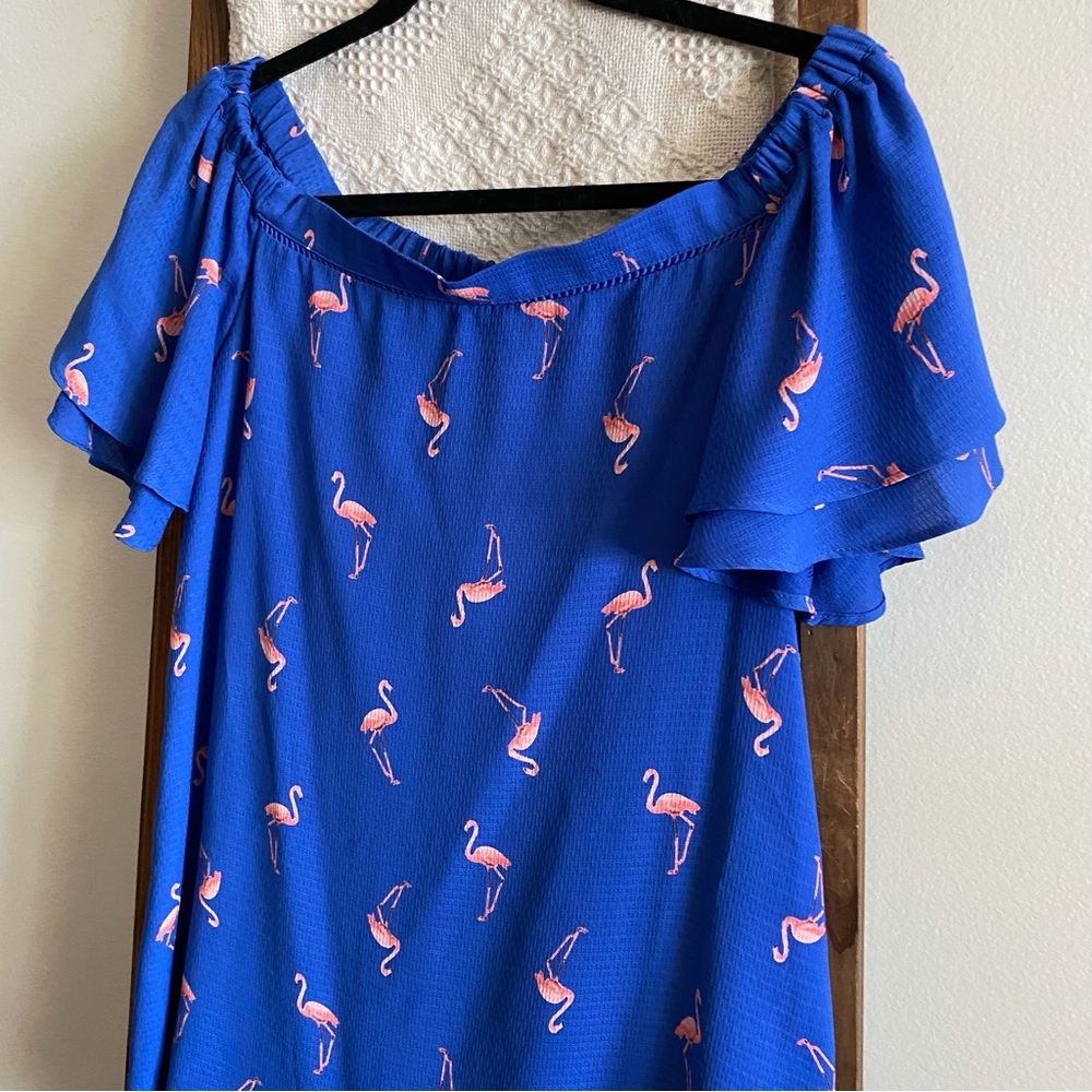 NWOT 19 Cooper blue & pink flamingo print short sleeve dress - Picture 2 of 4